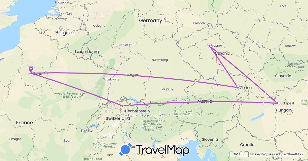 TravelMap itinerary: driving, train in Austria, Switzerland, Czech Republic, France, Hungary (Europe)